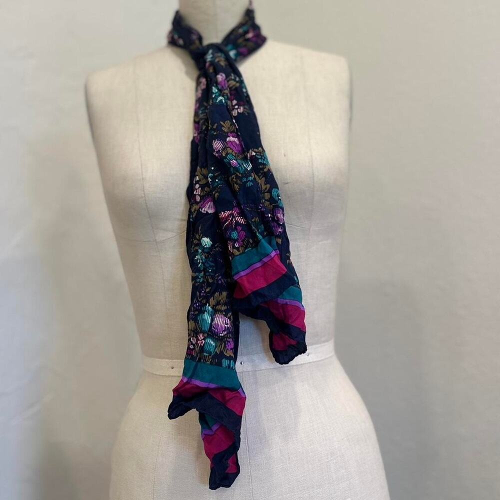 Vintage Navy Floral Lightweight Scarf Wrap Silk Oblong Sheer Boho Accent Scarf